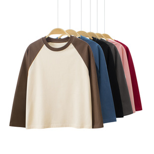 纯色棉广告打底衫 GRrr童装 t恤男女圆领拼袖 儿童长袖 无图案t 春秋季