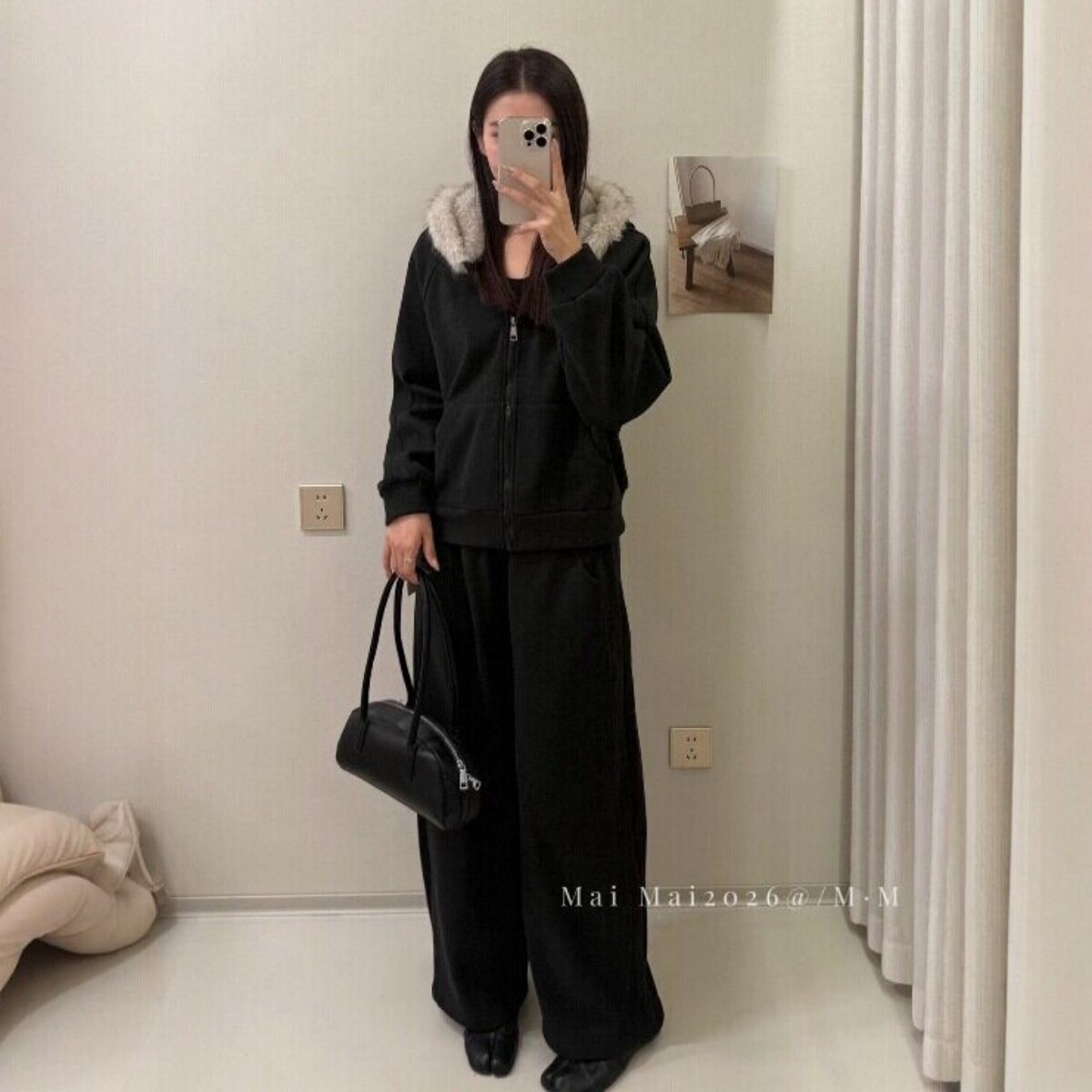 大码女装秋冬新款加绒大毛领拉链外套+加绒长裤两件套女