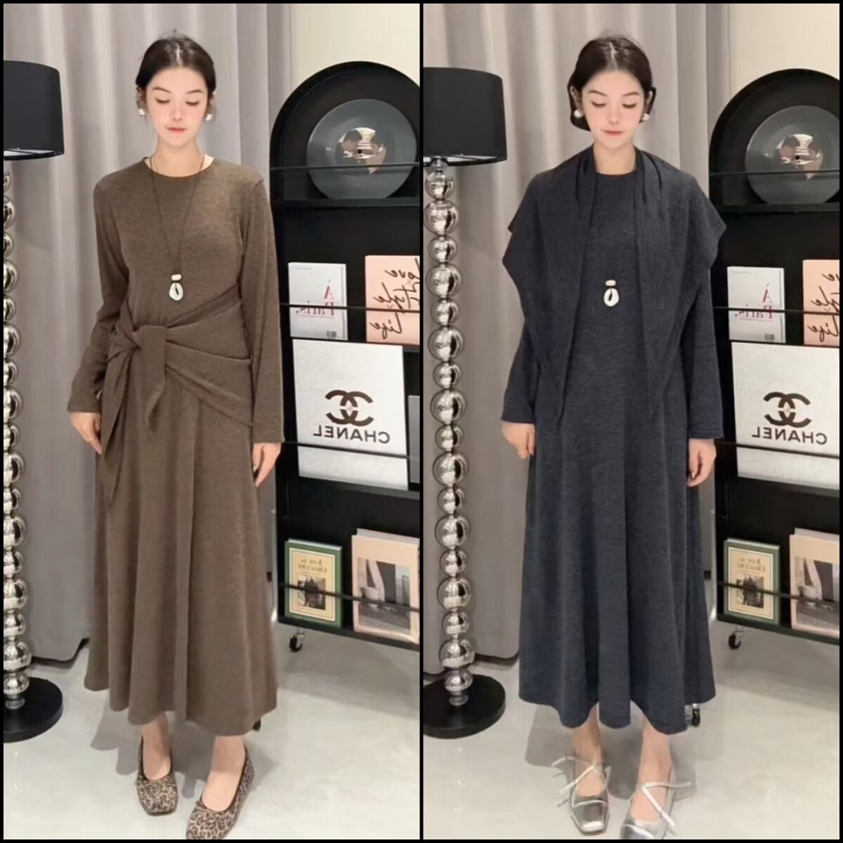 大码女装2025秋季新款时尚百搭高腰显瘦蚂蚁腰连衣裙+披肩两件套