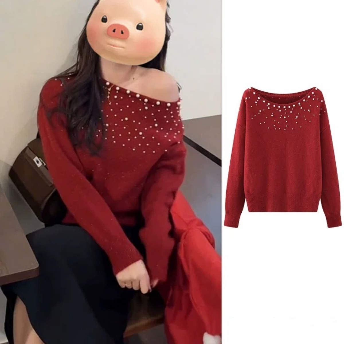 大码女装冬季新款新年战袍钉珠斜肩T恤女慵懒风露肩打底衫上衣