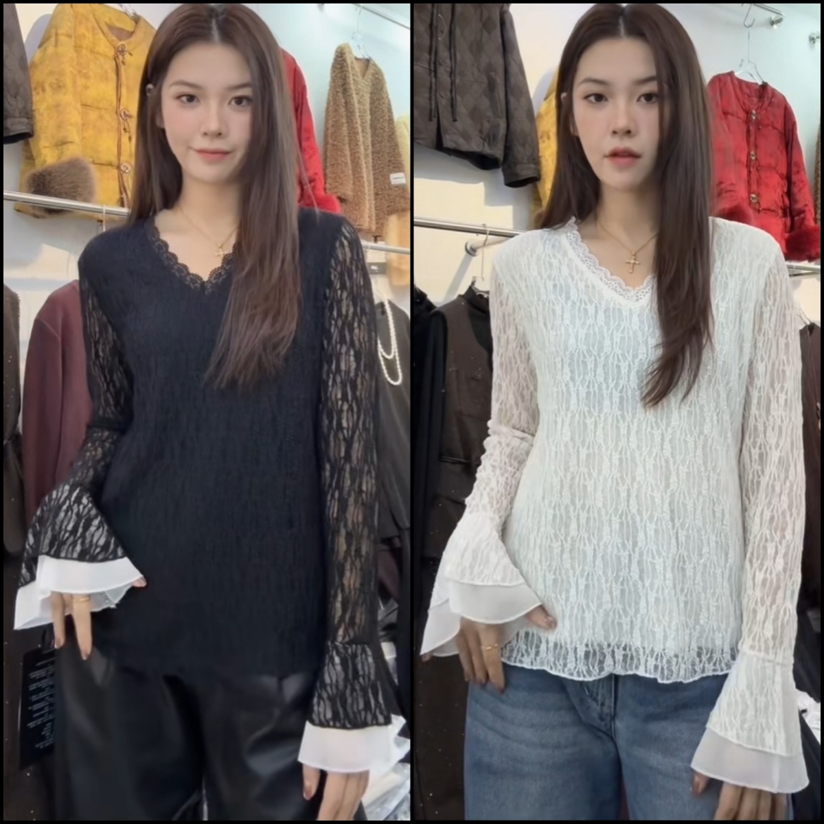 大码女装冬季淑女风V领蕾丝衫女长袖喇叭袖时尚显瘦百搭打底衫