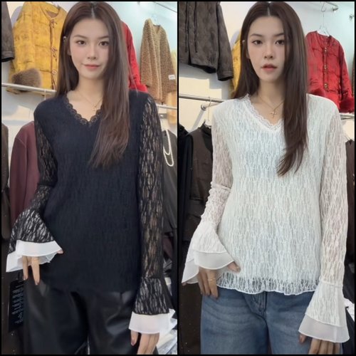 大码女装冬季淑女风V领蕾丝衫女长袖喇叭袖时尚显瘦百搭打底衫
