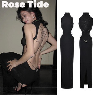 Rose tide买手店现货正品Iamgia连衣裙金属蝴蝶蜘蛛网露背长裙