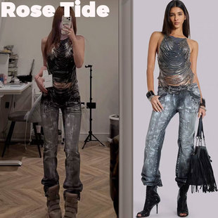 Rose tide买手店Jaded London水钻亮片链条背心金属喷漆牛仔裤