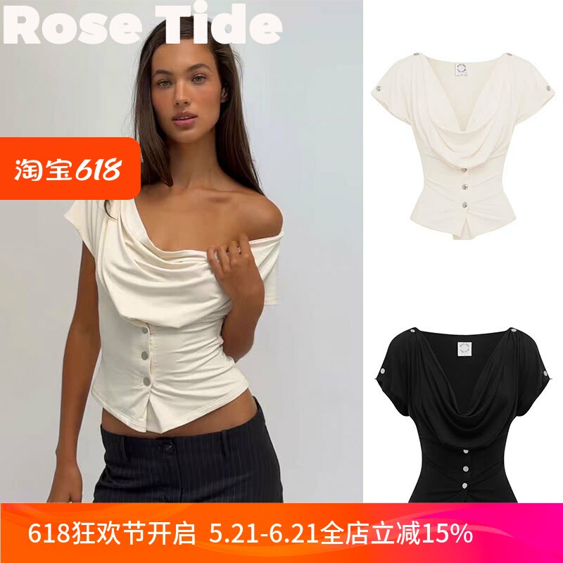 Rose Tide买手店正品With jean上衣一字肩荡领不规则收腰短袖T恤