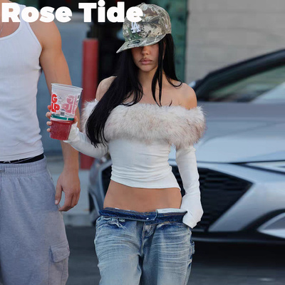 正品折扣Iamgia毛毛领一字肩上衣