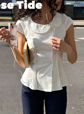 Rose Tide买手店Peachy den衬衫娃娃领不对称短袖收腰白衬衣上衣