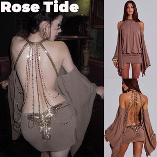Rose tide买手店正品Jaded London连衣裙蝴蝶串珠亮片露背长袖裙