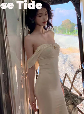 Rose tide买手店正品Tiger mist方圆同款木耳边一字肩长裙连衣裙