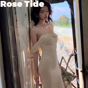 Rose tide买手店正品Tiger mist方圆同款木耳边一字肩长裙连衣裙