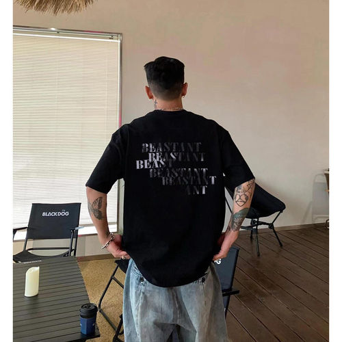 美式高街潮牌hiphop嘻哈短袖t恤男重磅纯棉渐变印花小领口上衣夏