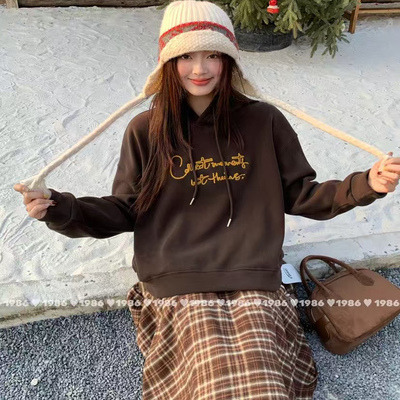 1986加绒连帽卫衣2025冬时尚百搭休闲宽松长袖上衣7005