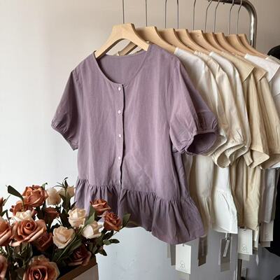 ilook衬衫2025夏圆领时尚休闲文艺减龄宽松通勤短袖上衣13282