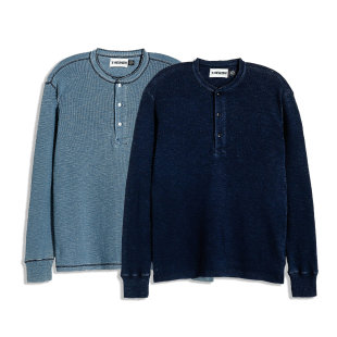 啊R Waffle-Knit Henley 靛蓝华夫格亨利领长袖T恤衫24092503