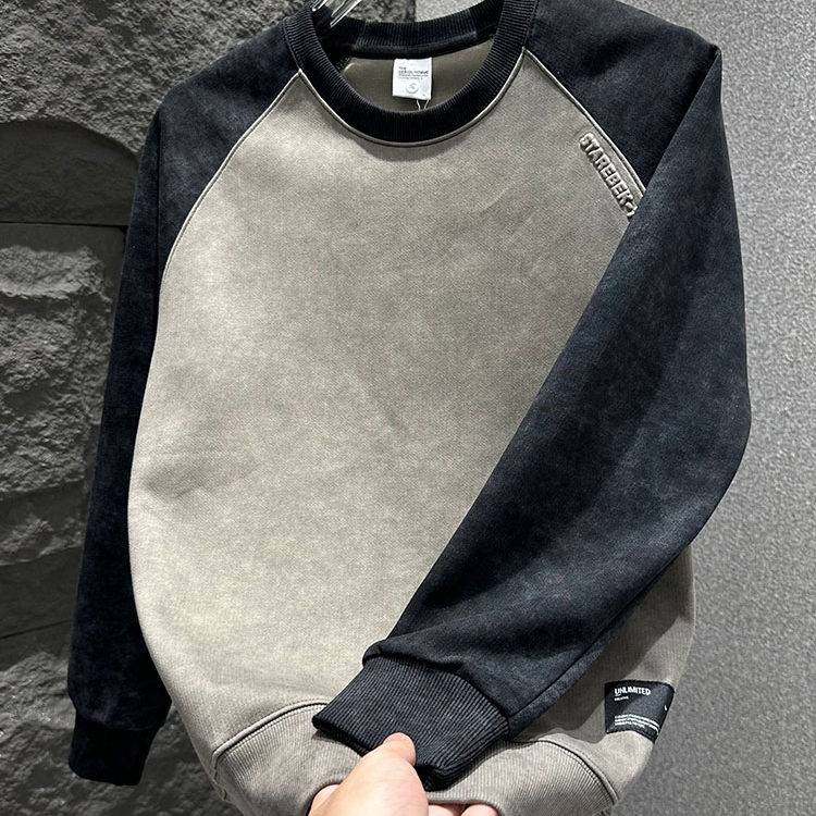 圆领卫衣撞色拼接休闲上衣成熟风