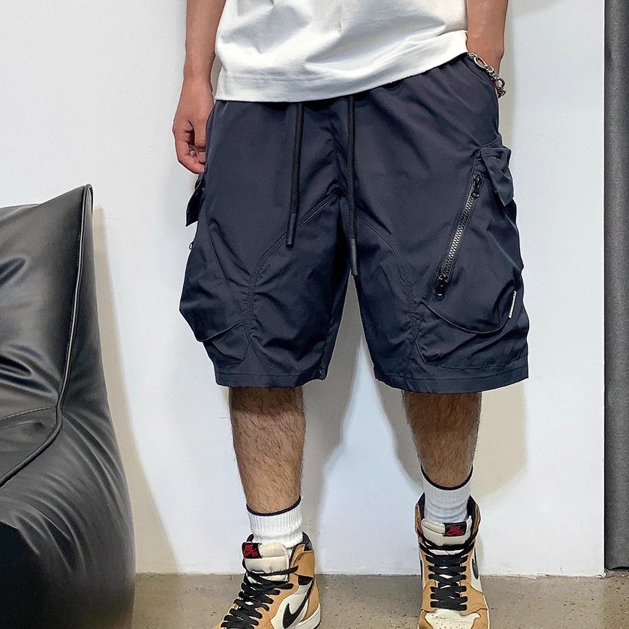多口袋机能工装短裤男夏季潮牌纯色休闲宽松直筒外穿裤子速干中裤