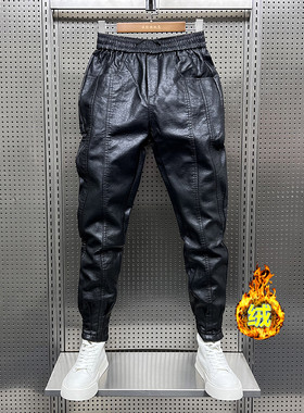 秋冬季男士加绒保暖外卖骑手机车防风防雨皮裤痞帅宽松工装哈伦裤