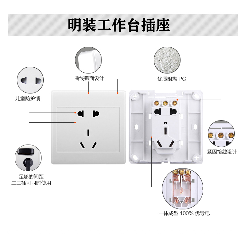 工作台插座明装五孔明线盒二三插座带开关一开五孔单控