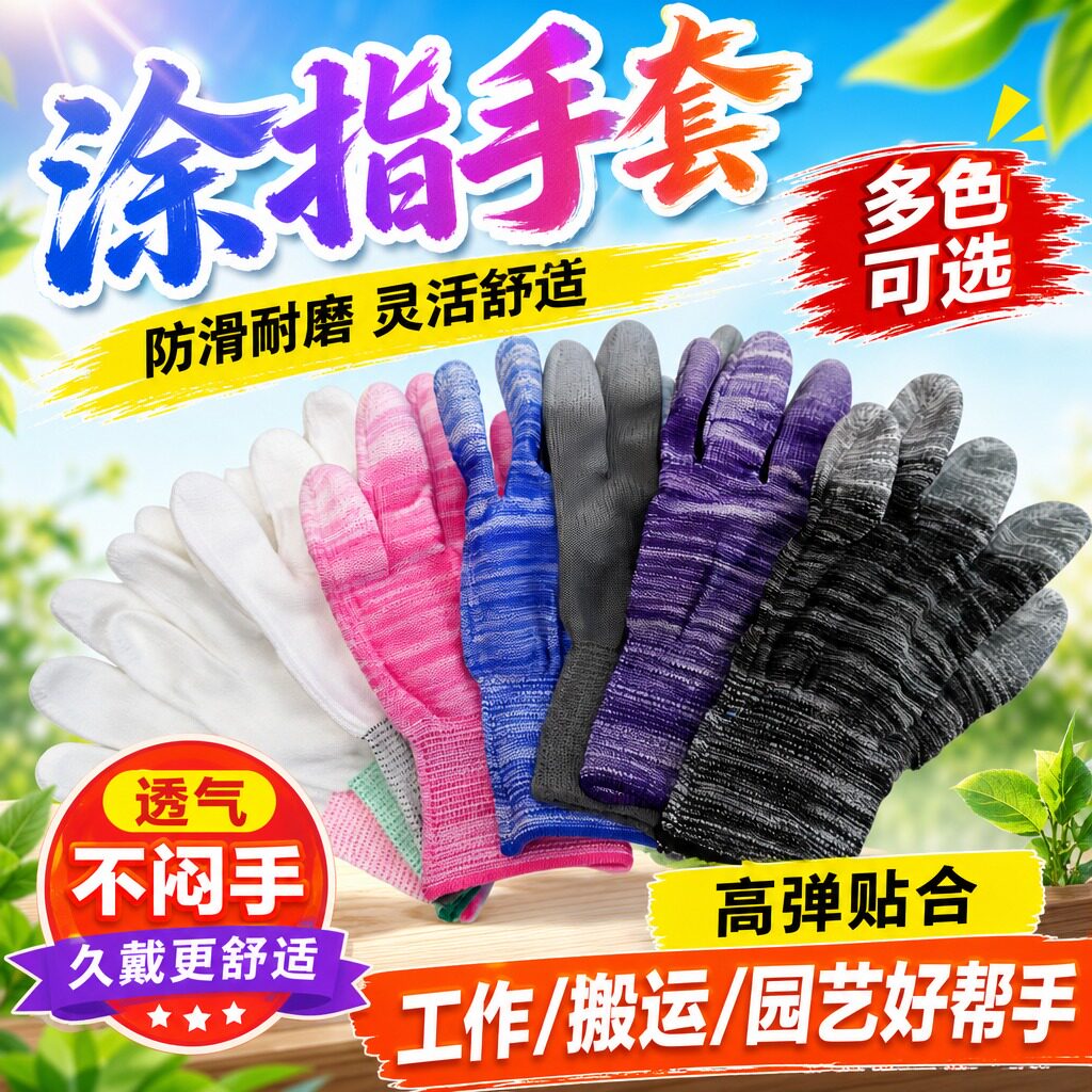 涂指涂掌手套劳保耐磨防滑工作浸胶防静电白色无尘劳动尼龙薄款男
