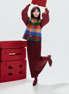 织造司[虹云]新中式红色过年穿搭国风马甲毛衣女秋冬半身长裙套装