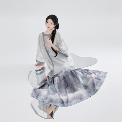 织造司[归云址]新中式莱赛尔绵羊毛刺绣圆领外套上衣国风半身裙女