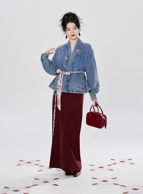 织造司[港风美人]新中式牛仔外套吊带背心女内搭抹胸旋裙汉服套装
