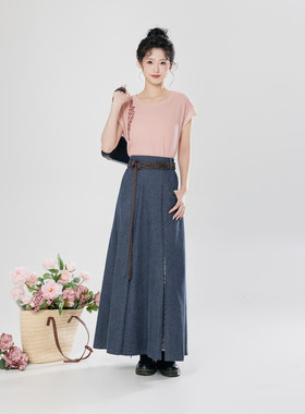 织造司[壁上听音者]改良汉服圆领衫短袖t恤上衣女牛仔半身三裥裙
