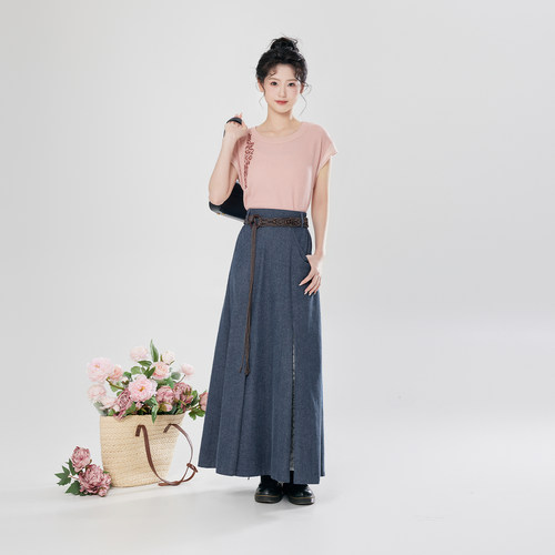 织造司[壁上听音者]改良汉服圆领衫短袖t恤上衣女牛仔半身三裥裙