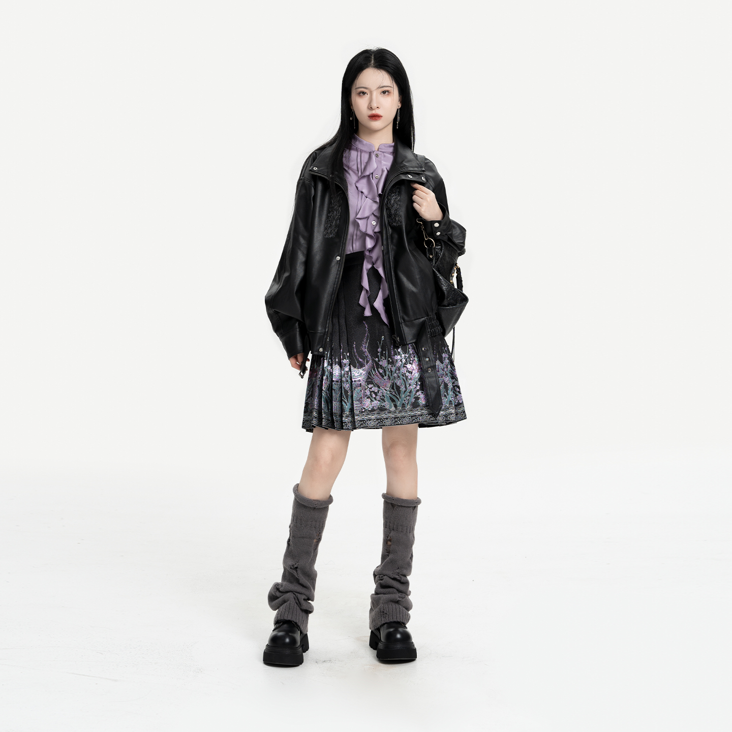 织造司[极夜流光]中式朋克风短款翻领皮衣外套女立领衬衫短马面裙