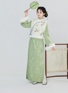 织造司[琼花玉瓶]新中式绣花马甲旗袍连衣裙子秋冬套装女2025新款