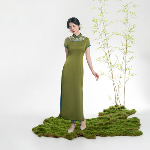 织造司[青琉璃]新中式国风立领绣花短袖旗袍连衣裙女收腰连身裙子