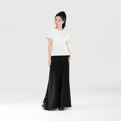 织造司[升弦]原创新中式国风短袖T恤女翠羽绣花纯棉圆领体恤上衣