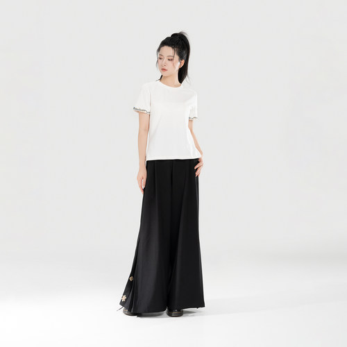 织造司[升弦]原创新中式国风短袖T恤女翠羽绣花纯棉圆领体恤上衣