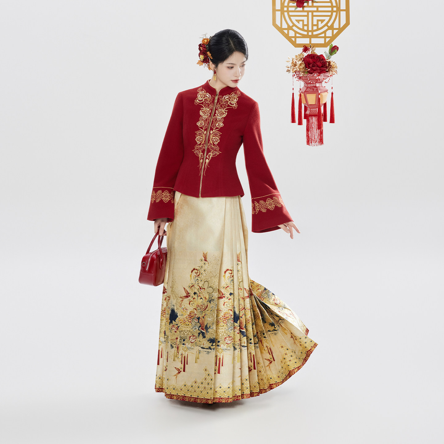 织造司[鹊跃金枝]新中式红色外套明制汉服马面裙女套装2025新款冬,女装/女士精品,汉服套装,淘宝优惠券,粉丝福利购,淘宝优惠卷