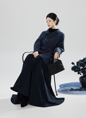 织造司[澜雾]新中式防风毛呢蓝色外套上衣女半身裙鱼尾裙长裙套装