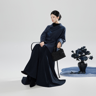 织造司[澜雾]新中式防风毛呢蓝色外套上衣女半身裙鱼尾裙长裙套装