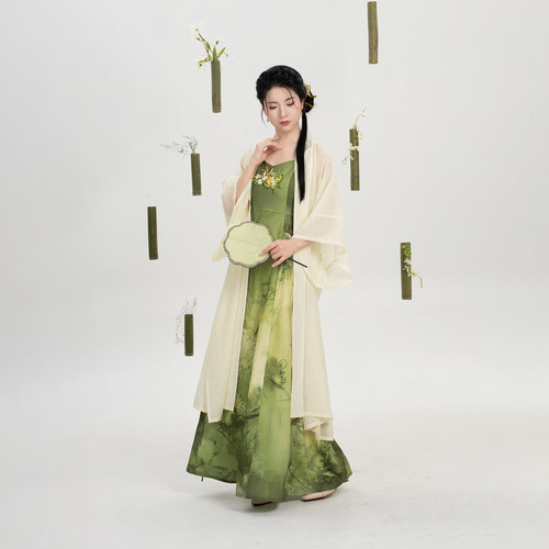 织造司[沁竹]原创宋制汉服莱赛尔长干寺长衫蝴蝶刺绣吊带连衣裙女