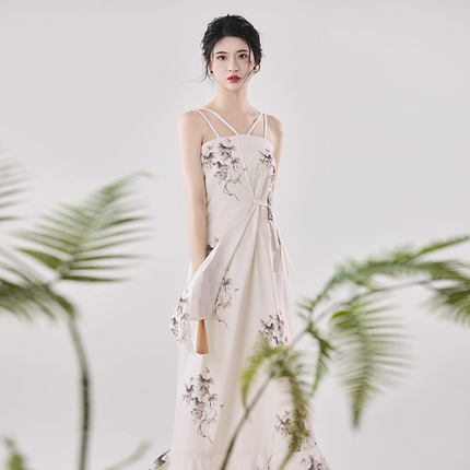 织造司原创新中式国风不规则无袖吊带连衣裙女小众设计感长款裙子