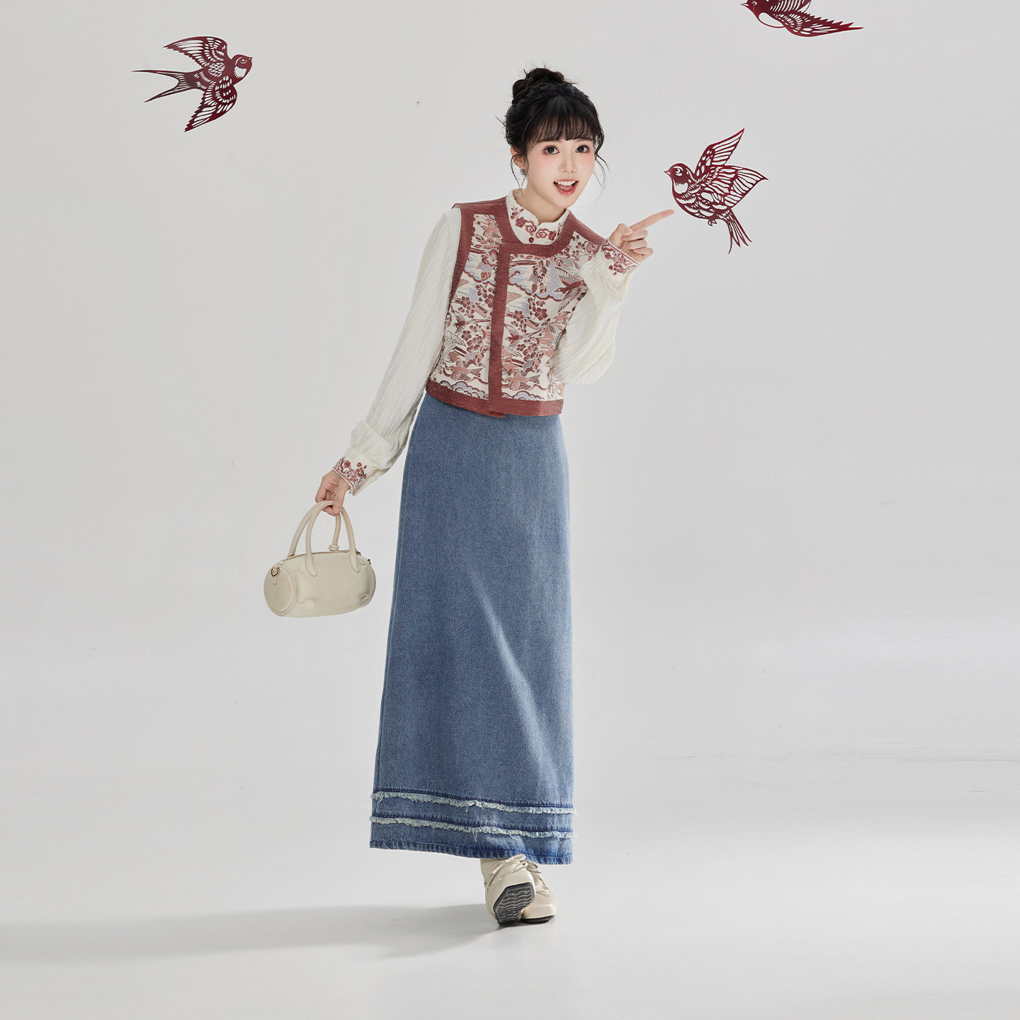 织造司[鹊鸣春晓]新中式马甲立领衬衫牛仔裙a字半身裙女长款套装