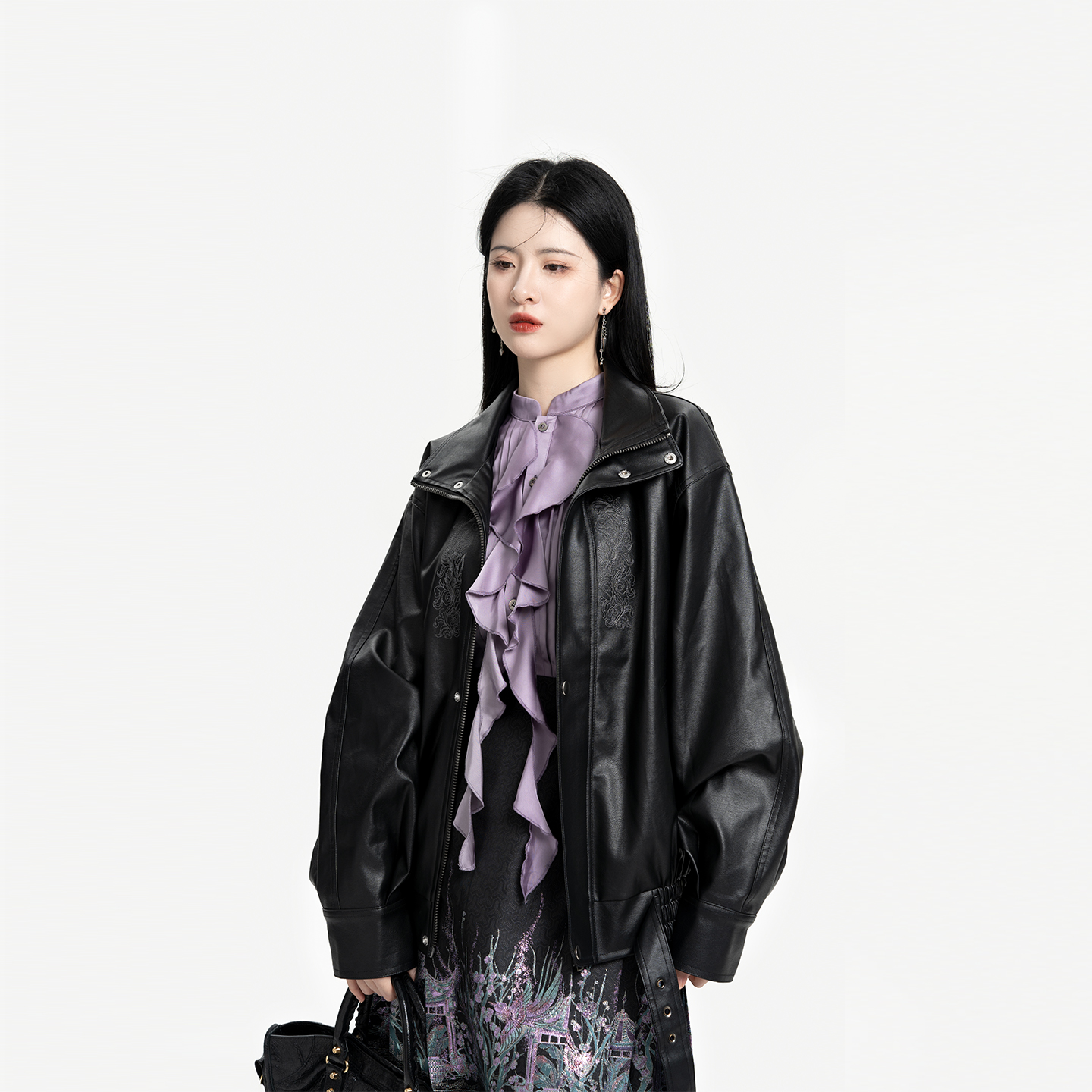 织造司[极夜流光]中式朋克风短款翻领皮衣外套女立领衬衫短马面裙