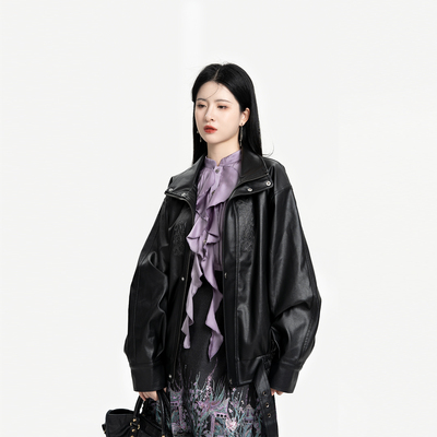 织造司[极夜流光]中式朋克风短款翻领皮衣外套女立领衬衫短马面裙