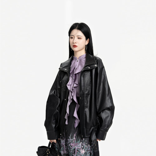 织造司[极夜流光]中式朋克风短款翻领皮衣外套女立领衬衫短马面裙