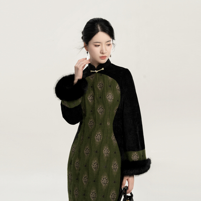 织造司[青黛湖]新中式丝绒改良旗袍长袖连衣裙女修身鱼尾裙半身裙