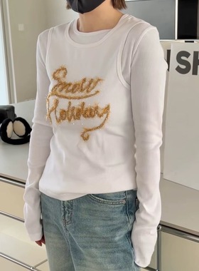 诗歌兰新款女装2025冬款 16596复古个性小众假两件亮丝字母T恤女