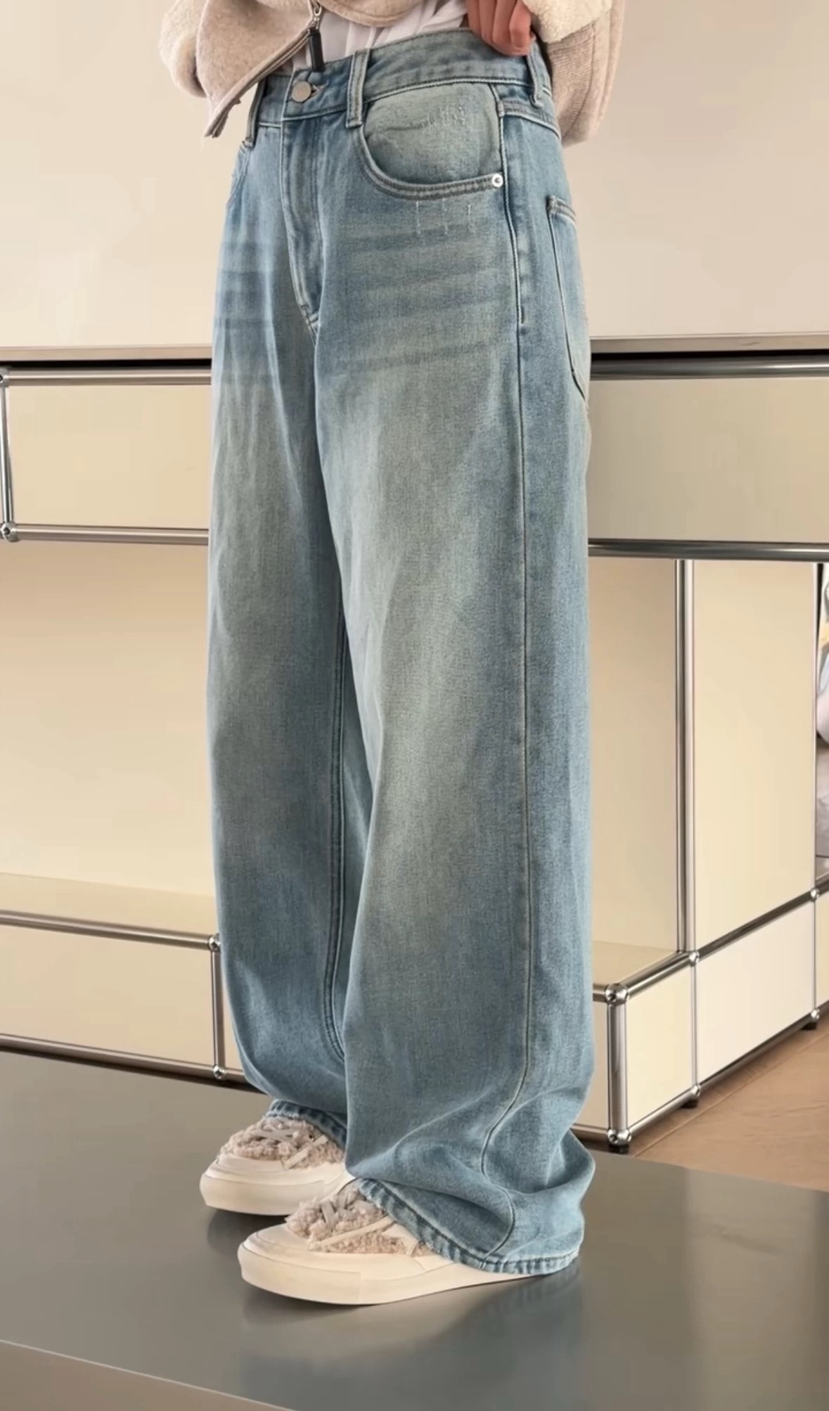 诗歌兰新款女装2025冬款 18662复古街头美式直筒裤植绒牛仔裤女