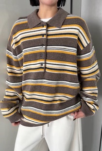 诗歌兰女装 H12392复古简约慵懒风条纹POLO领毛衣女 2026早春款