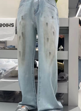 秒发32272诗歌兰女装2025春款 潮流简约个性直筒裤脏脏裤牛仔裤女