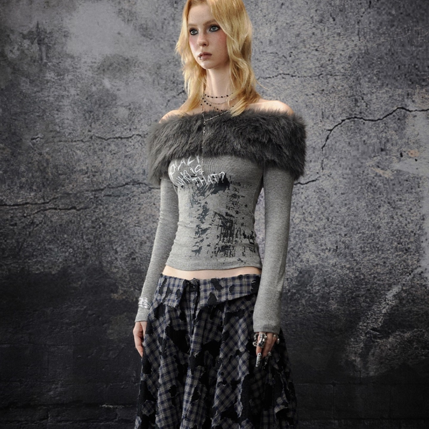 秋冬毛领印花长袖一字肩上衣女T恤高级感又甜又辣露肩小众设计感