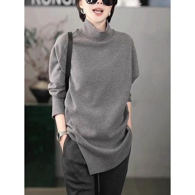 灰色高领打底衫女秋冬2025新款内搭中长款遮屁股不规则设计感上衣