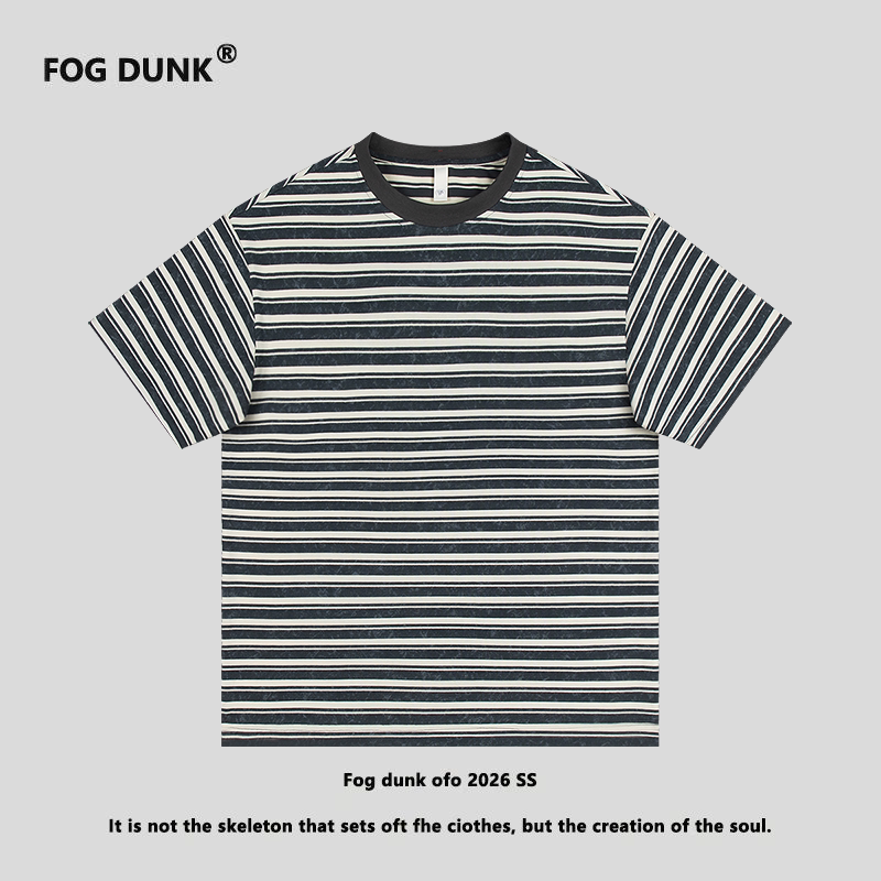 FOG DUNK潮牌黑白条纹圆领短袖T恤男女宽松百搭上衣